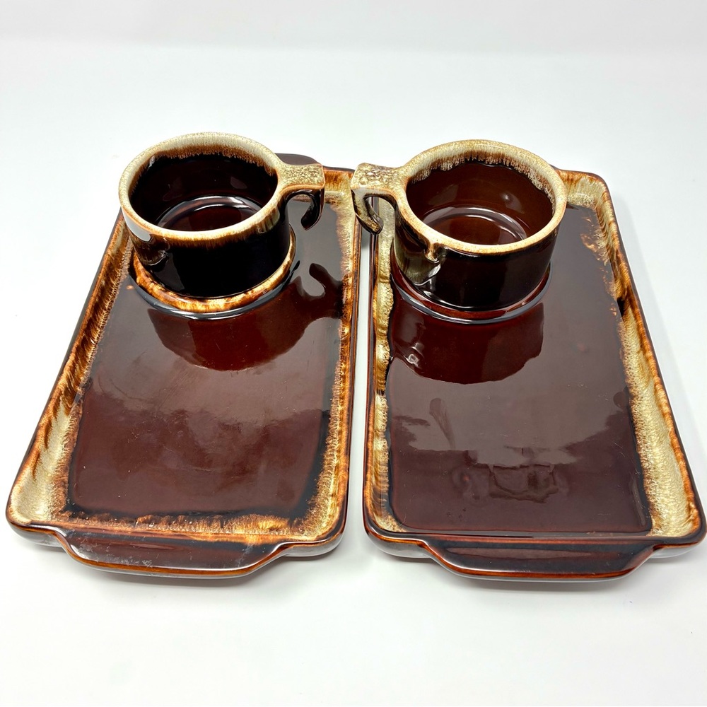 Vintage Pfaltzgraff Gourmet Brown Drip Glaze Snack Plate & Cup Set Farmhouse
